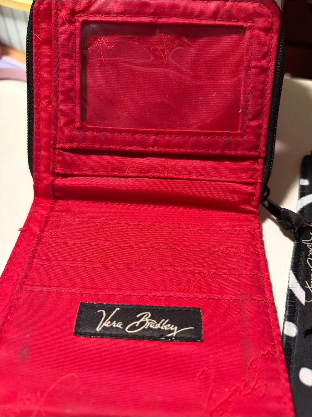 Vera Bradley Black & Cream Floral Zip Wallet with Multicolor Stripe Tab